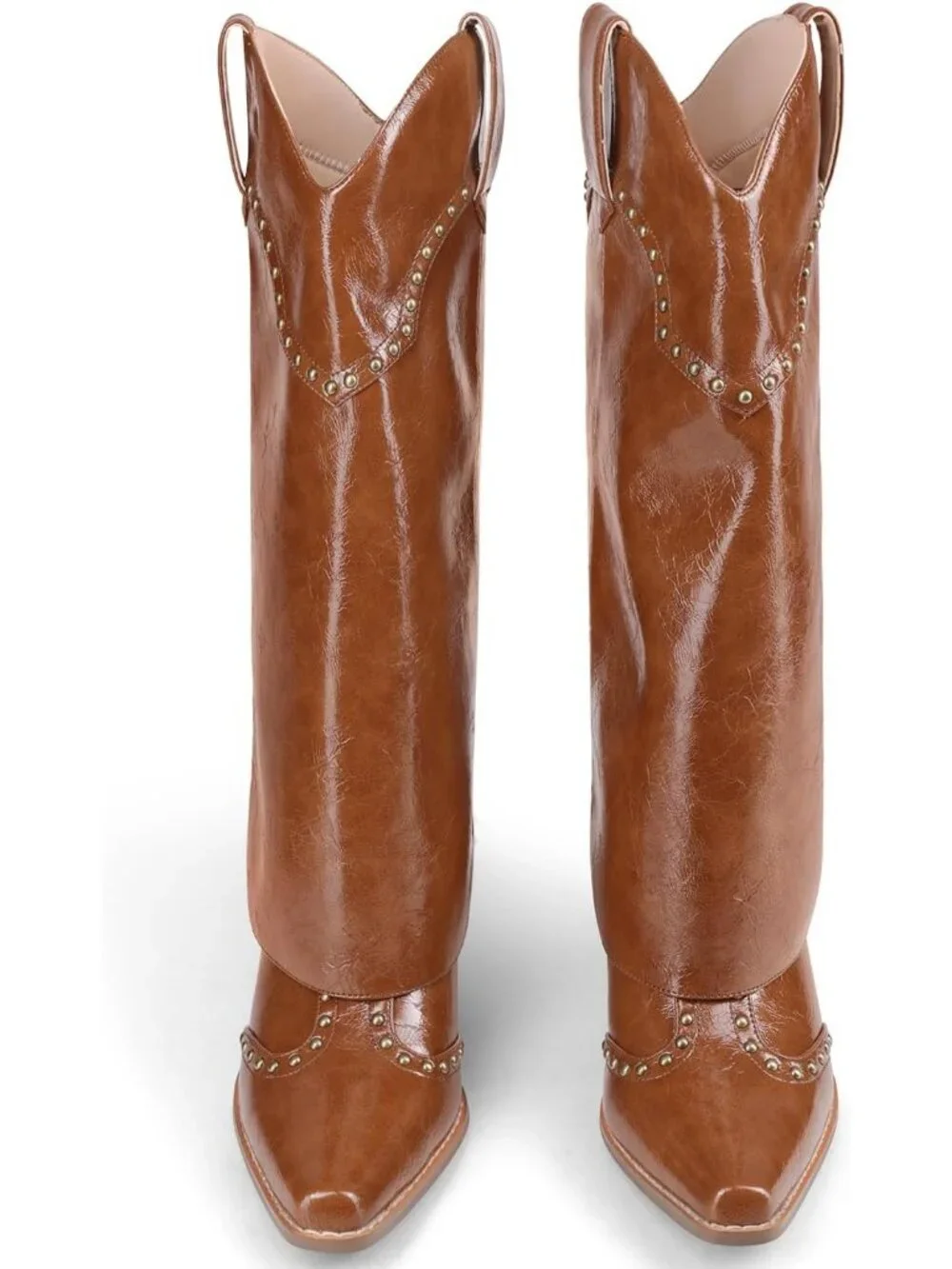 Women's Brown Patent Faux Leather Over Boot Knee High Chunky Heel  Cowgirl Boot